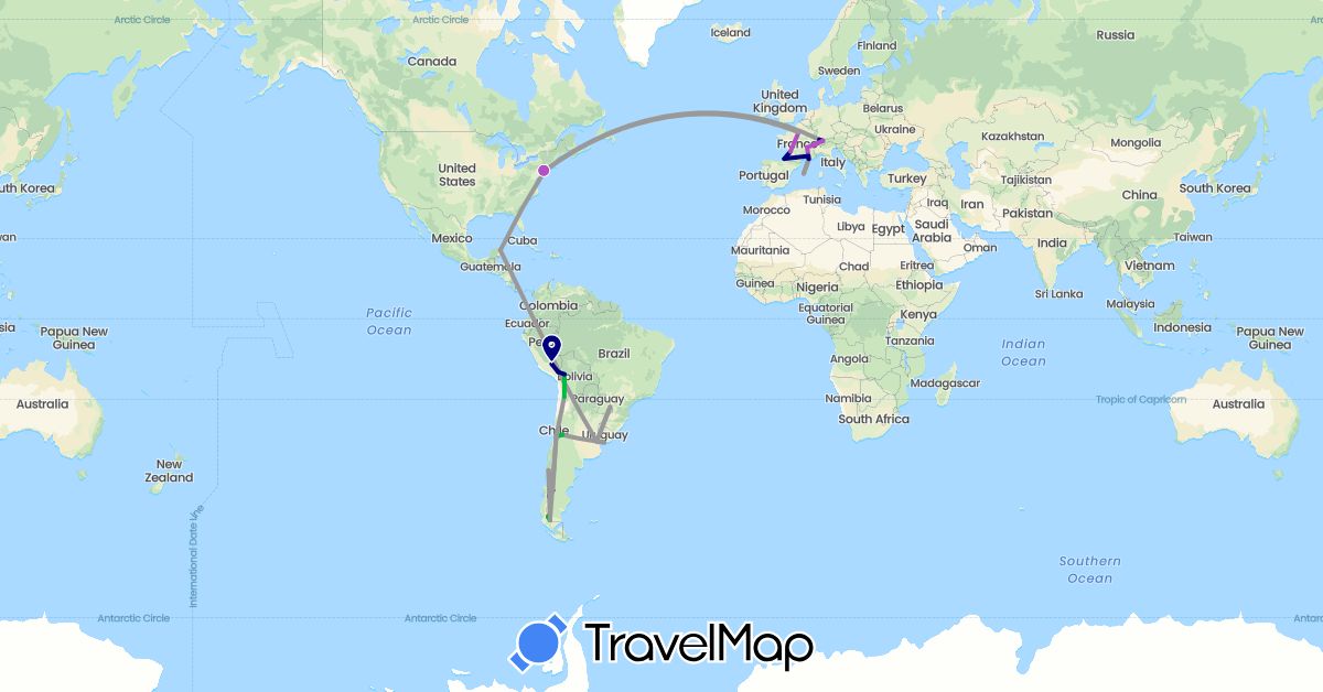 TravelMap itinerary: driving, bus, plane, train, hiking in Argentina, Bolivia, Brazil, Switzerland, Chile, Spain, France, Liechtenstein, Mexico, Peru, United States, Uruguay (Europe, North America, South America)